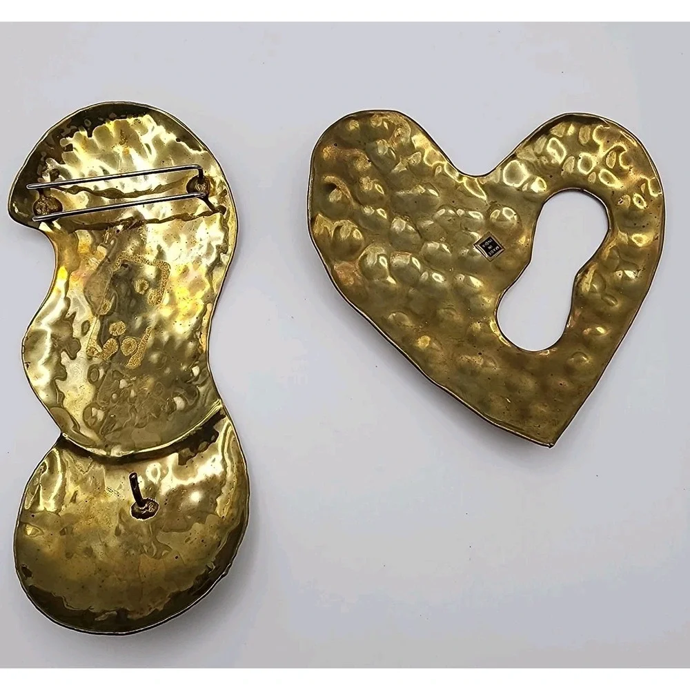 Vintage Artisan Hammered Brass Heart Scarf Clip Slide Brutalist Belt Buckle Pair